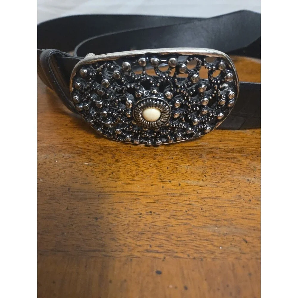 Juliana Collezione Belt Black Size Small Italian Leather Rhinestone Buckle